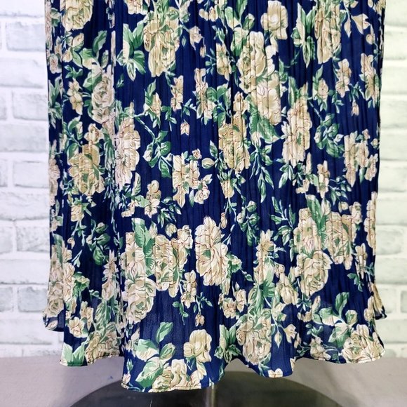 Vintage 90s Lisa Jo M Blue Floral Pleated Semi Sheer Double Georgette‎ Skirt - Picture 3 of 8